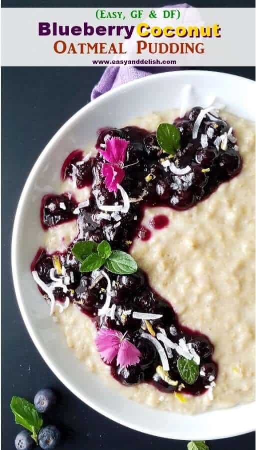 Overhead view of half of a bowl full of blueberry coconut oatmeal pudding garnished with edible flowers, mint leaves, and coconut flakes. 