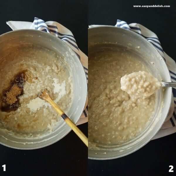 2 combined images, one of a saucepan with oatmeal being mixed with heavy cream and brown sugar and the other showing a spoon full of oatmeal. 