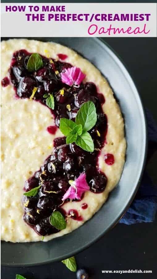 Large overhead view of half of a bowl with oatmeal topped with blueberry sauce.