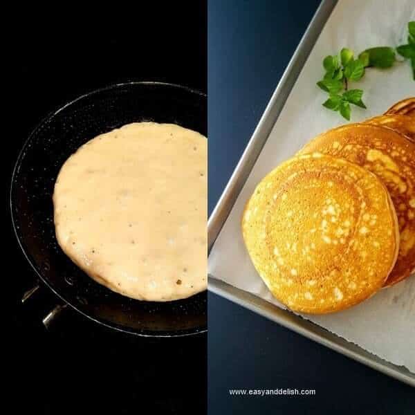 Two combined images showing how to make strawberry shortcake pancakes