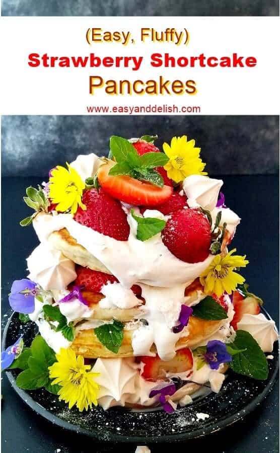 Close up image of a stack of strawberry shortcake pancakes