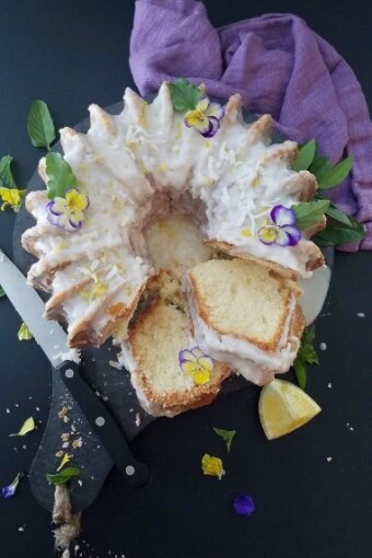 lemon coconut pound cake partially sliced