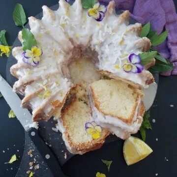 lemon coconut pound cake partially sliced