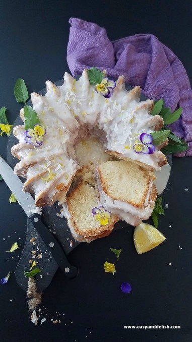 lemon coconut pound cake partially sliced 