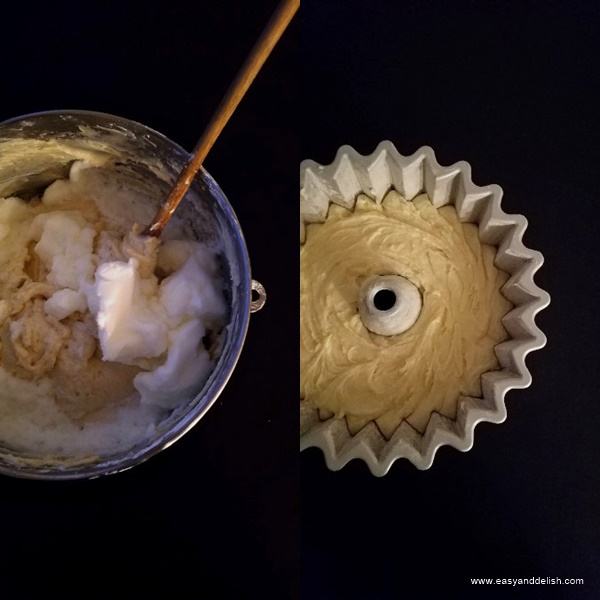 stiff egg whites folded into the batter and also batter ipoured into a baking pan