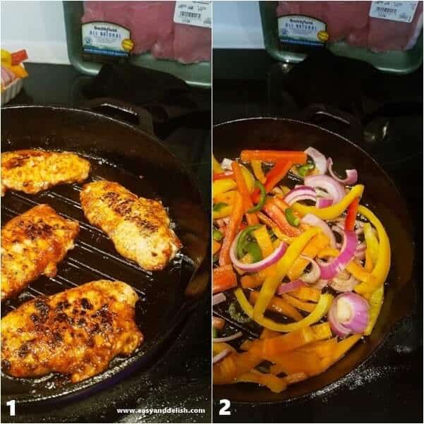 Two images: one of pork chops being cooked in a skillet and the other of vegetables cooked in a skillet