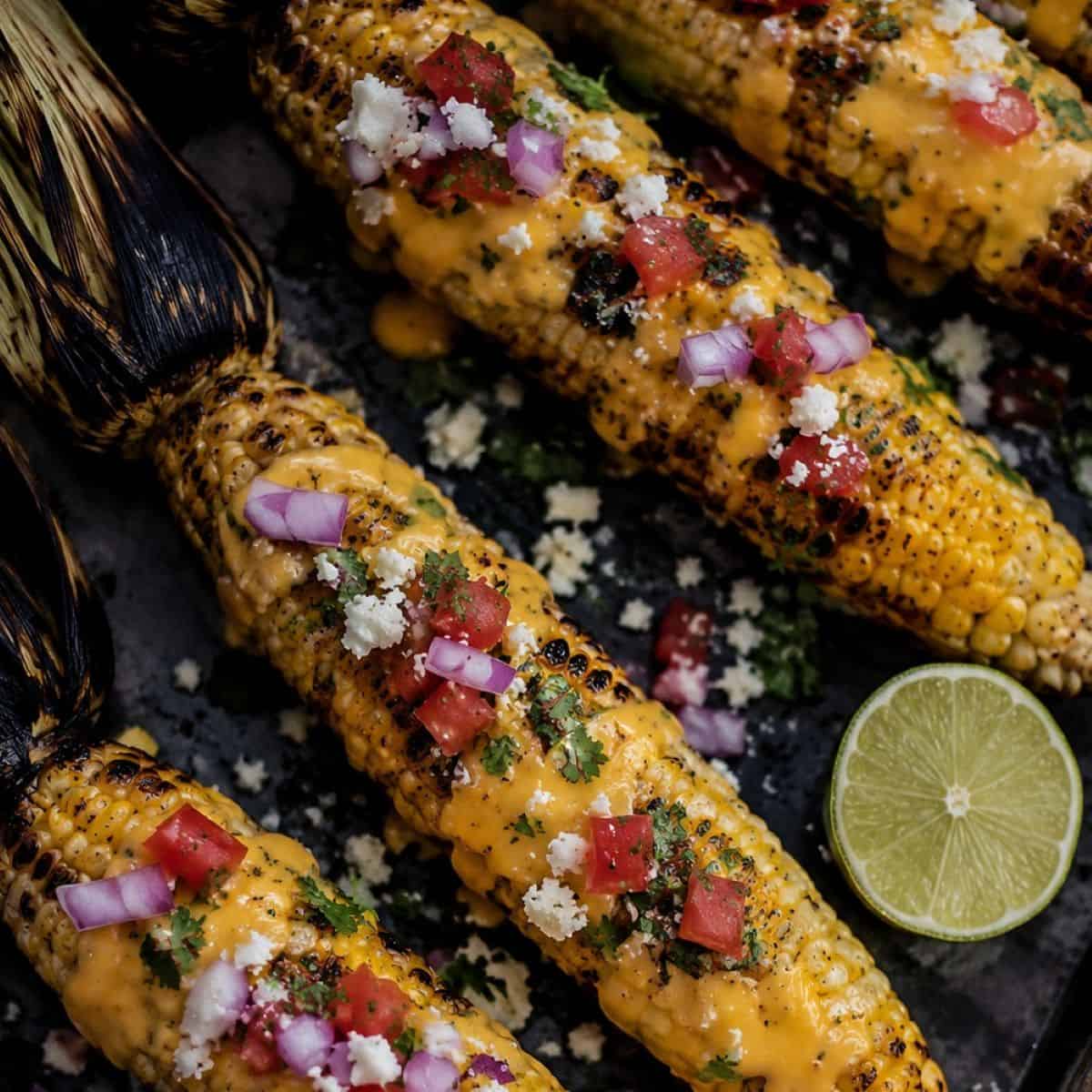 Grilled nacho corn on the cob topped with creamy cheddar cheese sauce, crumbled cotija cheese, diced tomatoes, red onion, fresh cilantro, and served with a lime wedge on a dark baking tray.