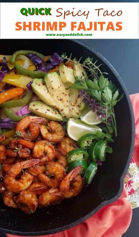 Close up image of one skillet spicy shrimp fajitas 