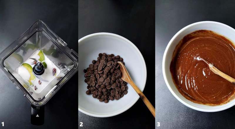 Three combined images showing the process of how to make vegan chocolate pot de creme