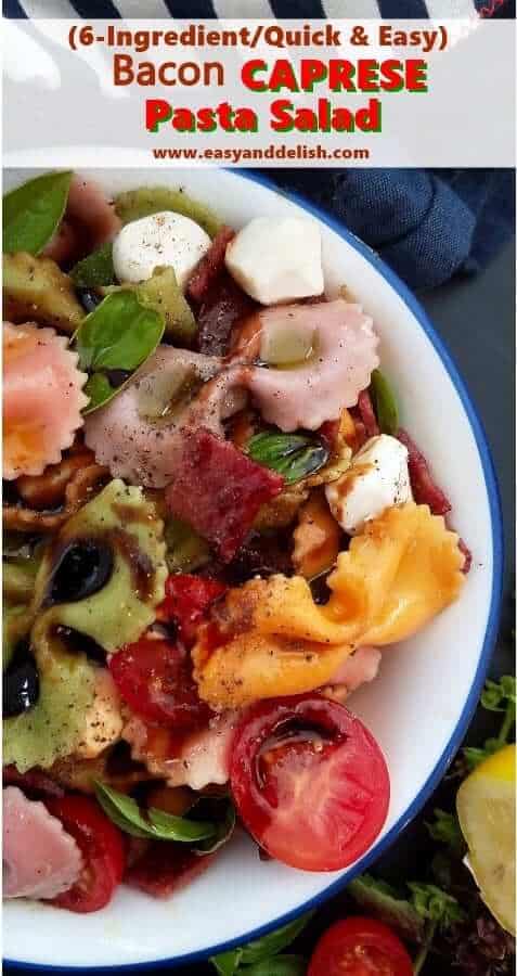 Close up image of bacon caprese pasta salad to save to Pinterest