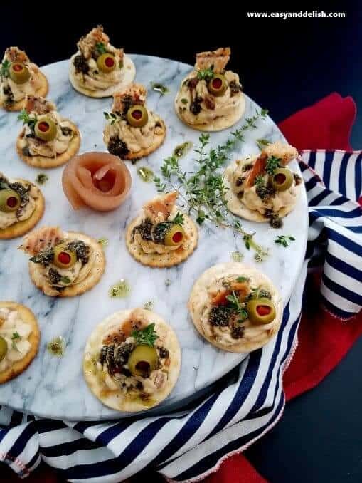 smoked salmon bites in a platter