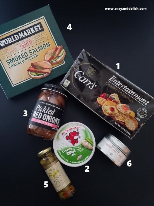 Food products used to make smoked salmon pickled red onion bites 