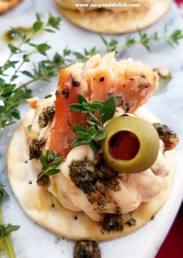close up of smoked salmon bites