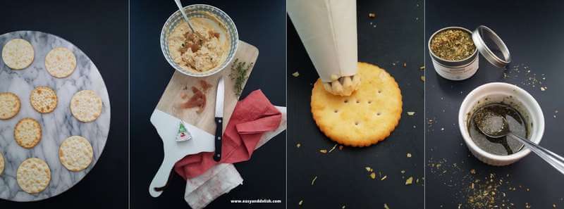 Four combined pictures showing the process of how to make smoked salmon pickled red onion bites