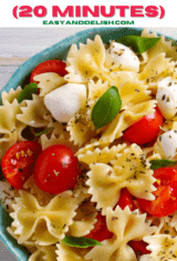 half bowl of caprese pasta salad.