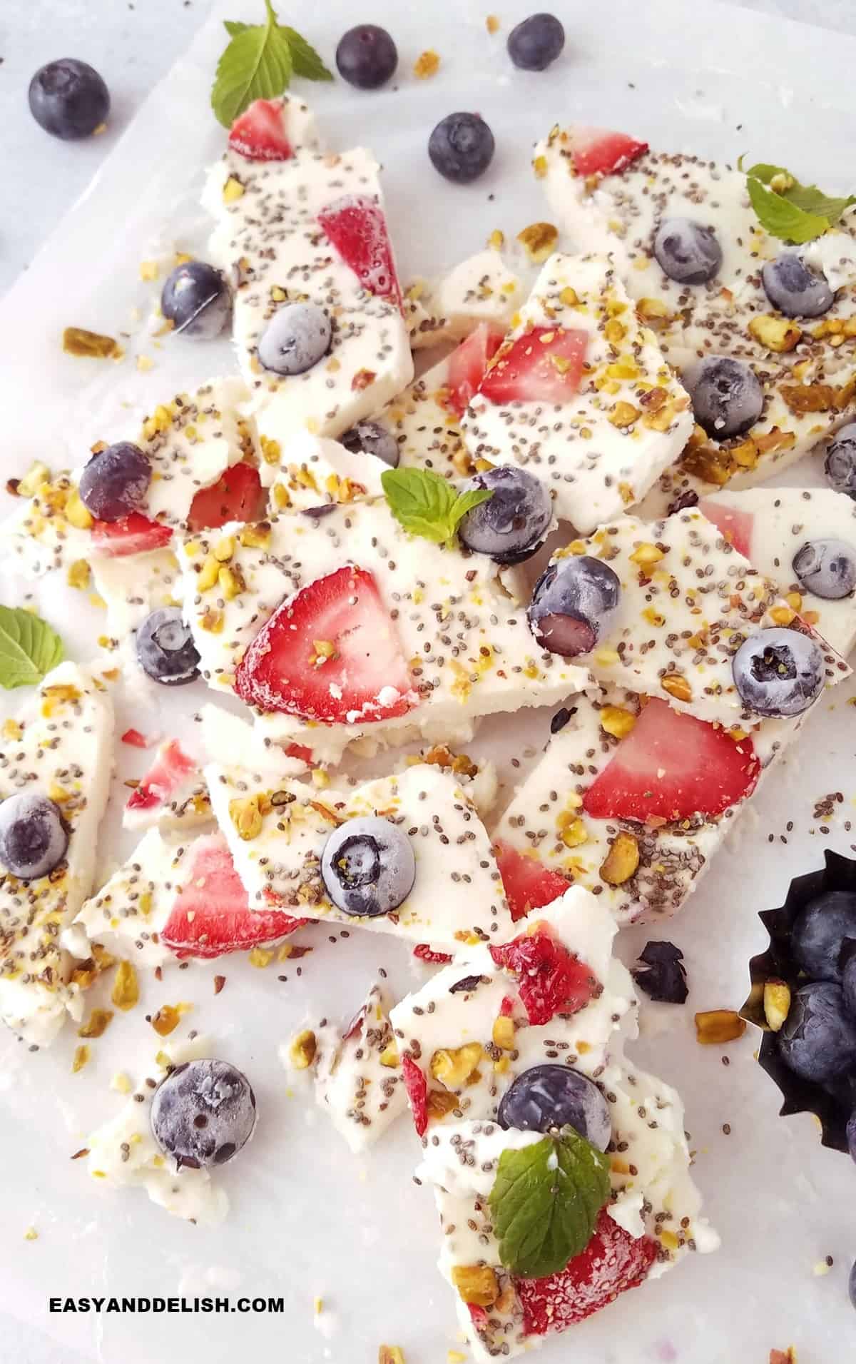 many pieces of the Frozen yogurt bark on parchment paper.