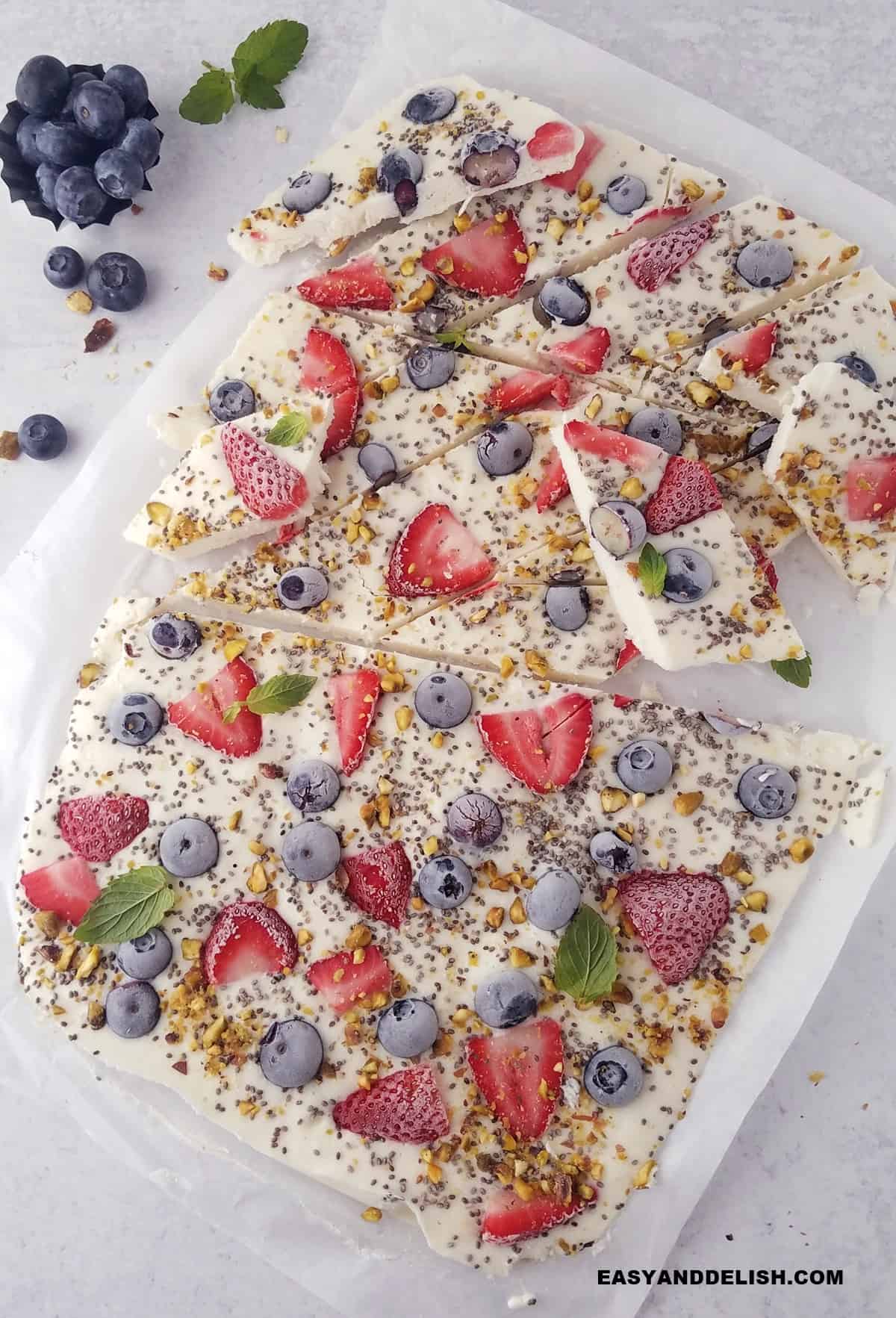 partially cut frozen yogurt bark. 