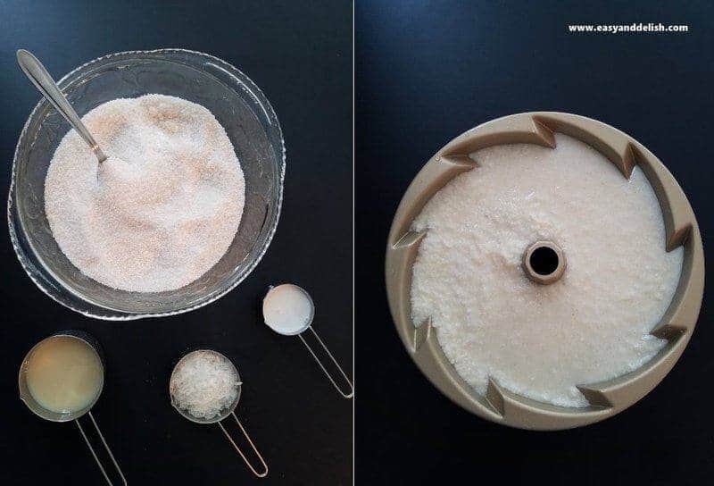 Two combined images showing how to make no bake tapioca cake