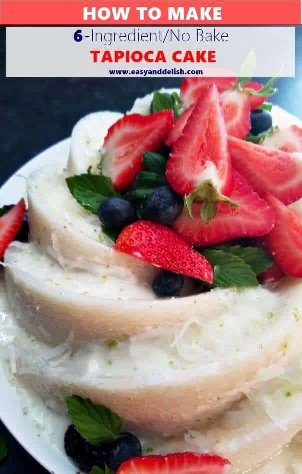 How to Make No Bake Tapioca Cake with Coconut Topping is an eggless, naturally gluten-free Brazilian delicacy made from 6 staple ingredients, which is quick to prepare and can be served topped with sweetened condensed milk and coconut flakes. @easyanddelish #cake #dessert #dessertrecipes #glutenfree #brazil #eggless Close up image of No Bake Tapioca Cake with Coconut Topping