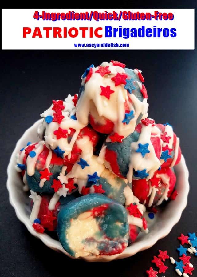 Close up image of patriotic brigadeiros piled up in a bowl 