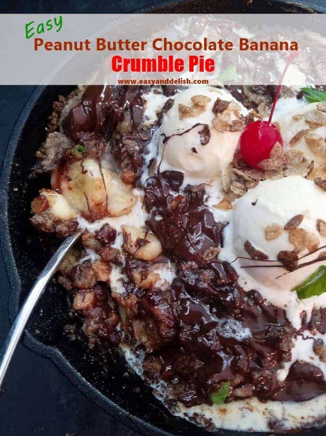 Close up image featuring Peanut Butter Chocolate Banana Crumble Pie 