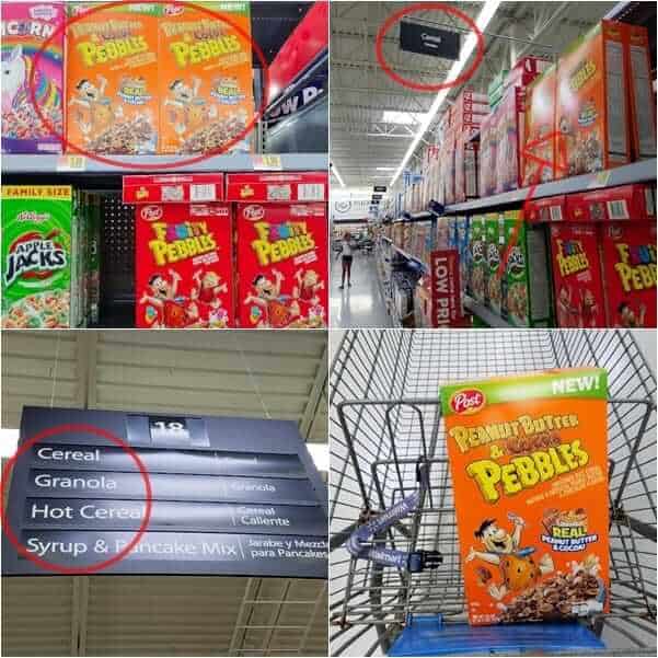 Peanut Butter & Cocoa Pebbles cereal in a Walmart aisle 