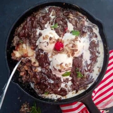 A skillet with banana crumble pie