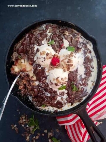 A skillet with banana crumble pie