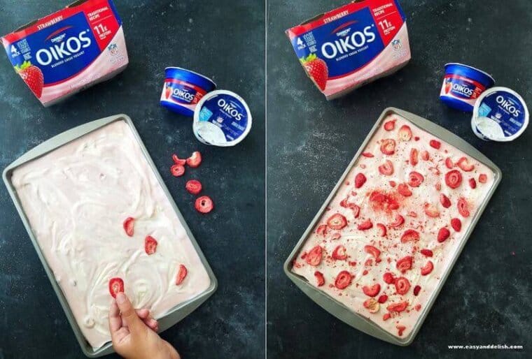 Combined images showing how to make Strawberry and cream frozen yogurt bark 