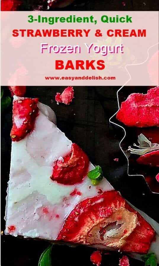 Close up image of strawberry and cream frozen yogurt bark