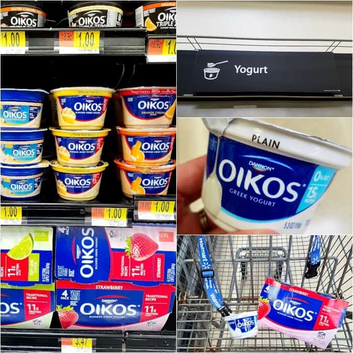 Several images showing Walmart Yogurt aisle where Oikos Yogurt can be found.