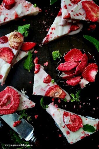 strawberry frozen yogurt barks in a platter