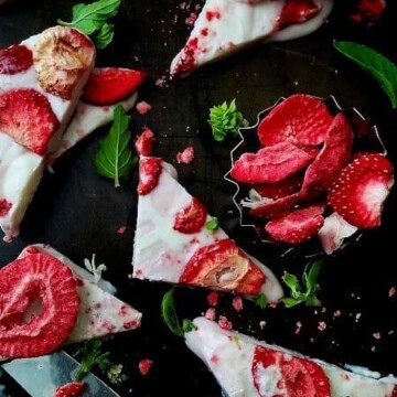 strawberry frozen yogurt barks in a platter