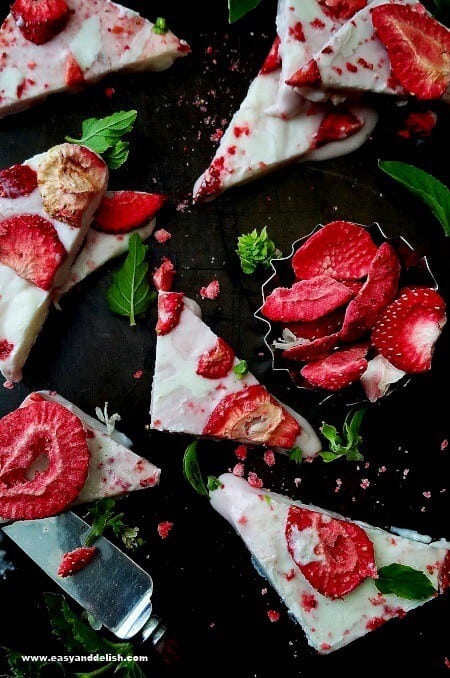 strawberry frozen yogurt barks in a platter