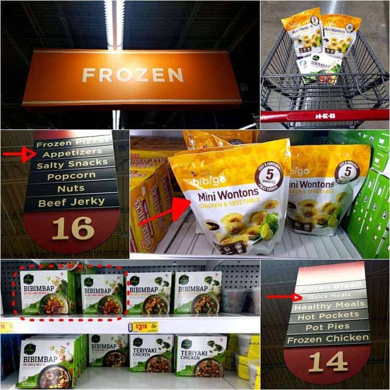 HEB frozen aisles showing where to find Bibigo chicken wonton stir-fry main ingredients