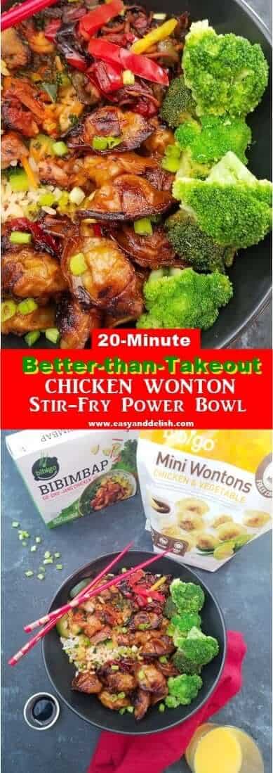 Two combined images showing chicken wonton stir-fry power bowl (great to save on Pinterest)