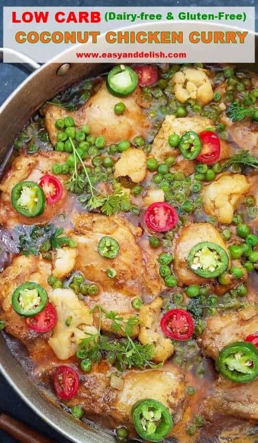 close up of coconut chicken curry and veggies