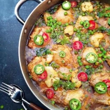 a pan with coconut chicken curry