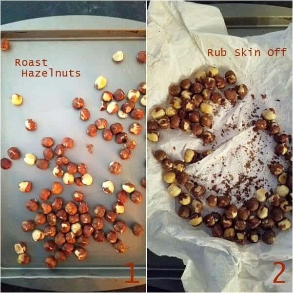 Combined images showing nuts being roasted and also skin being rubbed off. 