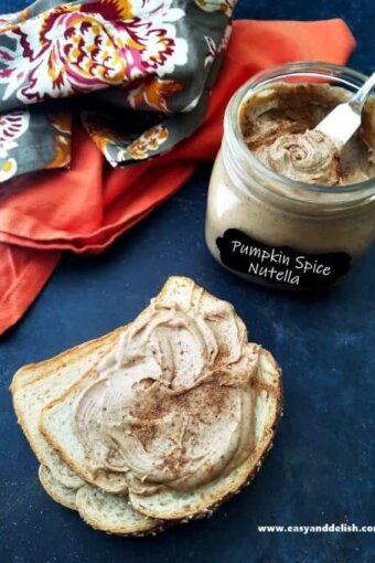 slices of bread with a spread of pumpkin spice Nutella with a jar on the background