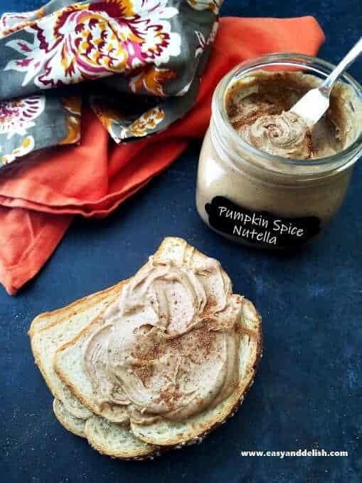 slices of bread with a spread of pumpkin spice Nutella with a jar on the background