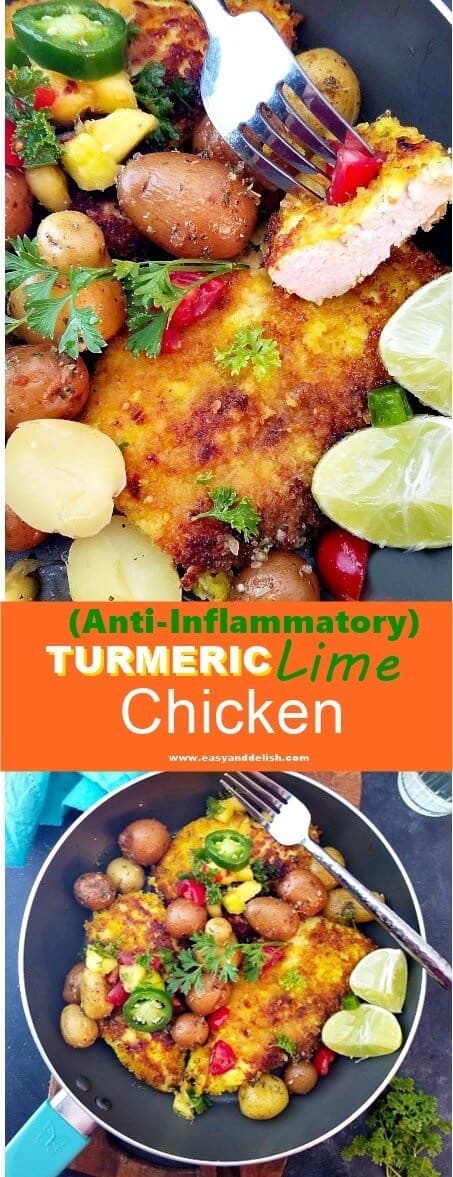 Two combined image with turmeric lime chicken close up on top. 