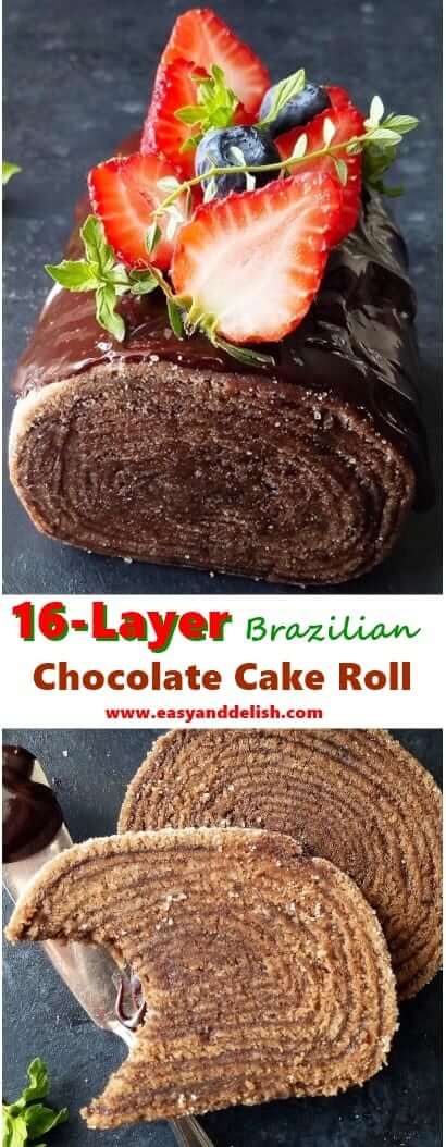 Two combined close up images showing 16-layer Brazilian cake roll both whole and sliced 