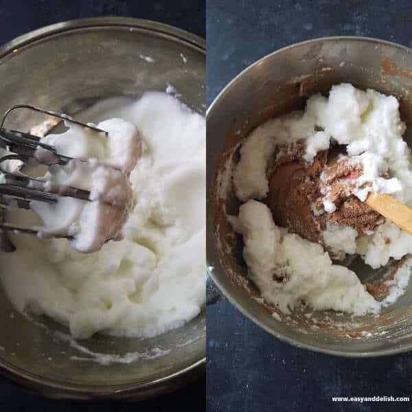 Two combined images showing beaten egg whites and the folding of them into cake batter