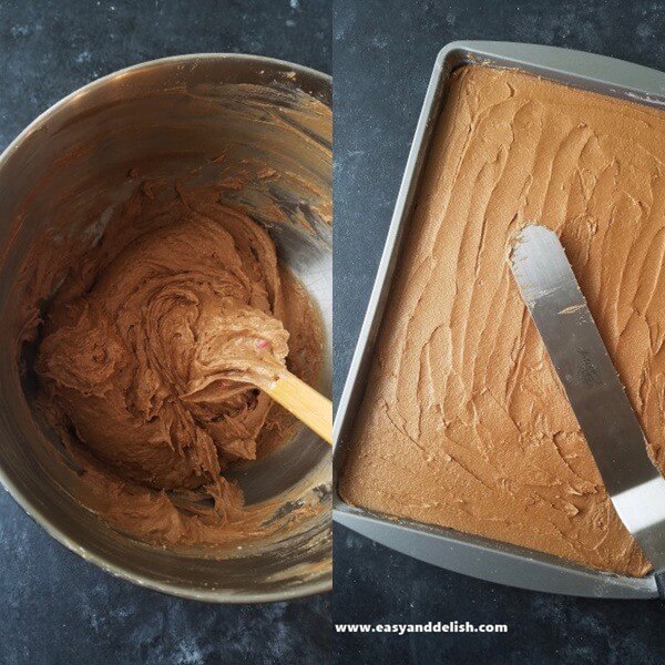 Two combined images showing homogeneous cake batter and its spread into the baking pan