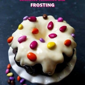 a mini cake topped with sweetened condensed milk frosting