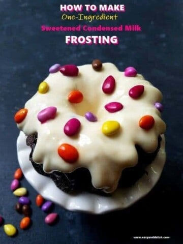 a mini cake topped with sweetened condensed milk frosting