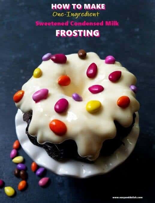 a mini cake topped with sweetened condensed milk frosting