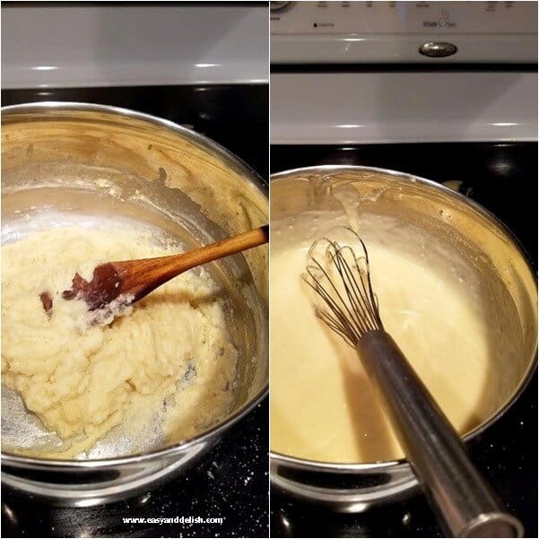 Preparing roux and sauce for Mediterranean chicken pot pie