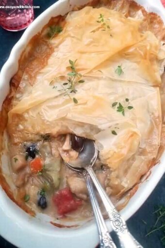 a close up of Mediterranean chicken pie